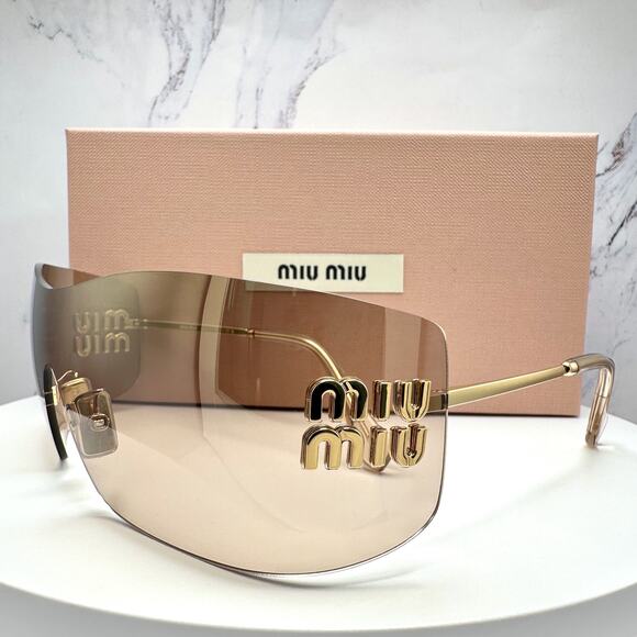 New MIU MIU Aube Sunglasses Gold Light Brown Mirror Bronze Rimless Wrap Womens main image 5